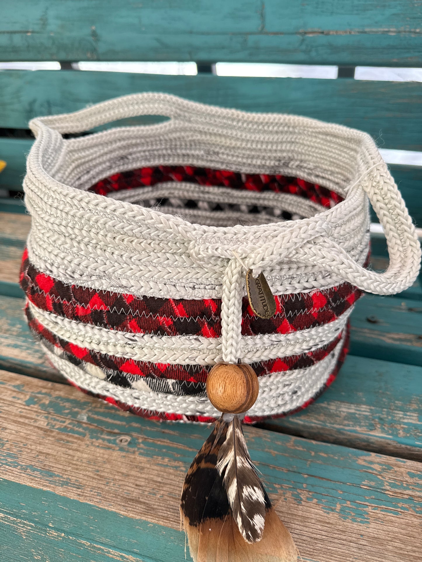 Buffalo feathers rope basket