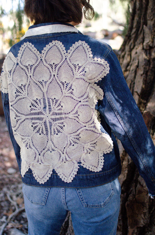 Denim and vintage lace cropped jacket